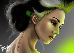 Kobieta, Tatuaż, Zielone, Światło