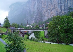 Rzeka, Most,Drzewa, Góra, Lauterbrunnen, Szwajcaria