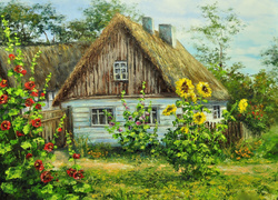 Wiejski, Dom, Ogród, Kwiaty