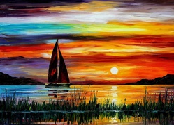 Zachód, Słońca, Jezioro, Żaglówka, Leonid Afremov