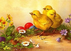 Wielkanoc, Kurczaczki, Jajka, Kwiaty