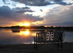 Jezioro, Zachód, Słońca, Ławka