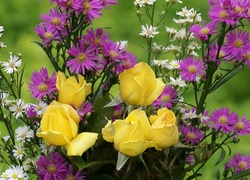 Bukiet, Kwiatów, Żółte, Róże