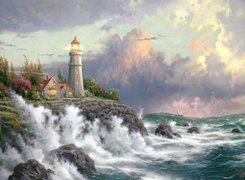 Morze, Niebo, Latarnia, Morska, Wybrzeże, Fale, Thomas Kinkade