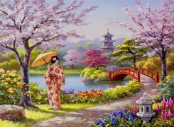 Ogród, Japonka, Kobieta, Rzeka, Most, Kwiaty