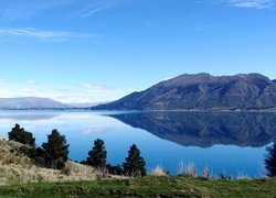 Jezioro, Drzewa, Góry, Hawea, Nowa Zelandia