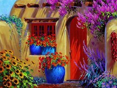 Dom, Drzwi, Okno, Kwiaty