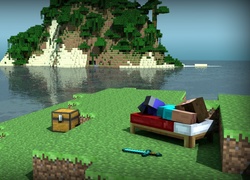Minecraft, Człowiek, Wyspa, Skrzynia, Drzewa