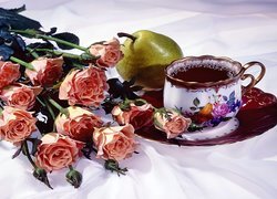 Róże, Gruszka, Herbata, Filiżanka, Kompozycja