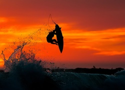 Zachód, Słońca, Morze, Mężczyzna, Surfing