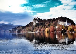 Słowenia, Bled, Jezioro Lake Bled, Kościół, Zamek Bled Castle