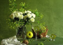 Bukiet kwiatów, Chryzantemy, Kompozycja, Jabłko, Kiwi