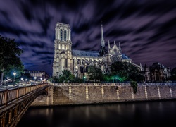 Noc, Katedra, Notre Dame, Paryż, Francja