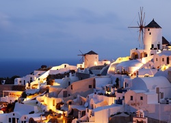 Wiatraki, Domy, Noc, Santorini, Grecja