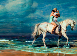 Obraz, Morze, Koń, Zakochani