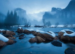 Rzeka, Kamienie, Góry, Mgła, Merced, Kalifornia
