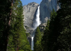 Stany Zjednoczone, Stan Kalifornia, Park Narodowy Yosemite, Wodospad, Góry, Skały, Drzewa