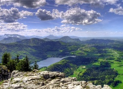 Góry, Rzeka, Farmy, Pola, Panorama