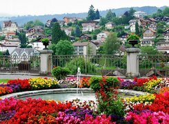 Park, Fontanna, Otoczona, Kwiatami, Miejscowość