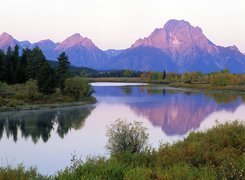 Stany Zjednoczone, Stan Wyoming, Park Narodowy Grand Teton, Rzeka Snake River, Góry, Góra Mount Moran, Drzewa