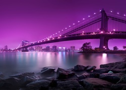 Most, Wiszący, Rzeka, Kamienie, Noc, Manhattan, Nowy York