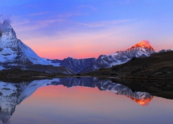 Jezioro, Góry, Zachód Słońca, Matterhorn, Szwajcaria