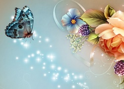 Kwiaty, Motylek, Grafika