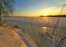 Zachód, Słońca, Jezioro, Drzewo, Śnieg