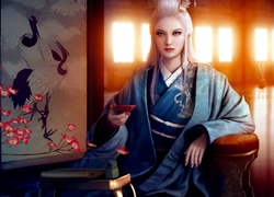 Kobieta, Japonka, Kimono, Kwiat, Wiśni