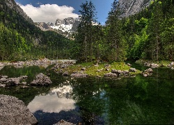 Góry, Jezioro, Drzewa, Wysepka, Kamienie