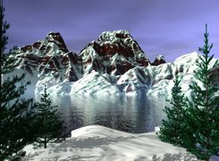 Góry,cztery choinki, śnieg , Zima