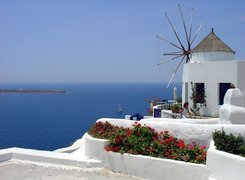 Wiatrak, Morze, Santorini, Grecja