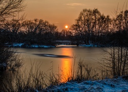 Jezioro, Drzewa, Zachód, Słońca, Śnieg