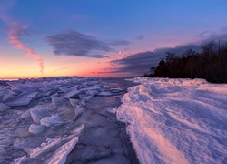 Brzeg, Śnieg, Lód, Drzewa, Zachód, Słońca