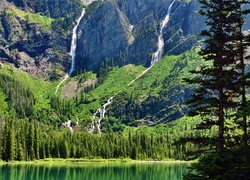 Stany Zjednoczone, Stan Montana, Park Narodowy Glacier, Jezioro Hidden Lake, Góry, Drzewa, Wodospady