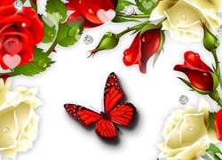 Kwiaty, Róże, Motyl, Art