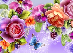 Kolorowe, Kwiaty, Motyl, Art