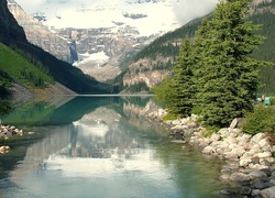 Jezioro, Kamienie, Góry, Lasy, Louise, Kanada