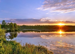 Jezioro, Lasy, Zachód, Słońca