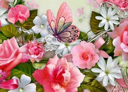 Różowe, Róże, Kwiaty, Motyl, Art