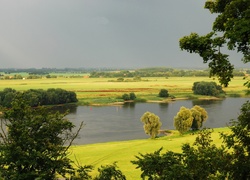 Rzeka, Łąki, Drzewa, Panorama