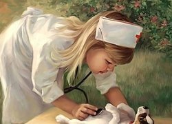 Dziewczyna, Pies, Szczeniak, Stetoskop, Pielęgniarka
