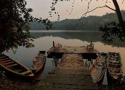 Łódki, Jezioro, Zmierzch, Pomost, Ławki, Drzewa