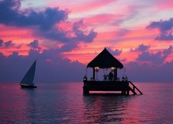 Morze, Żaglówka, Altana, Zachód słońca, Malediwy