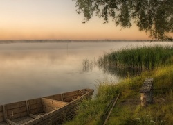 Jezioro, Łódz, Mgła, Szuwary