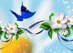 Grafika, Kwiatki, Niebieski, Motyl