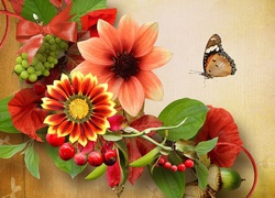 Jesienne, Kwiaty, Motyl, Art
