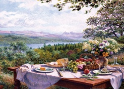 Stół, Śniadanie, Krajobraz, Obraz