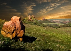 Góry, Skały, Lasy, Zachód, Słońca, Panorama