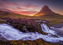 Kaskada, Wody, Góra, Zachód, Słońca, Islandia
